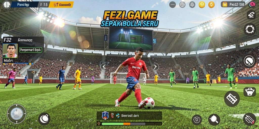 Tampilan gameplay F32 yang menegangkan dalam aksi sepak bola.