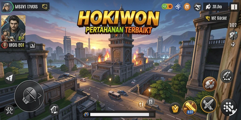 Gameplay HOKIWON dengan penempatan menara strategis dan serangan musuh.