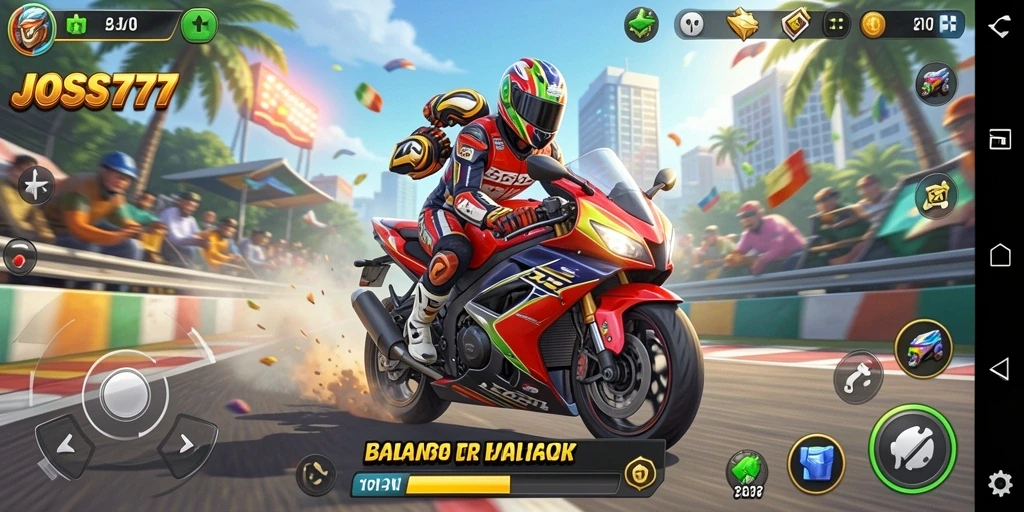 Screenshot utama menampilkan aksi balapan motor yang cepat dan mendebarkan.