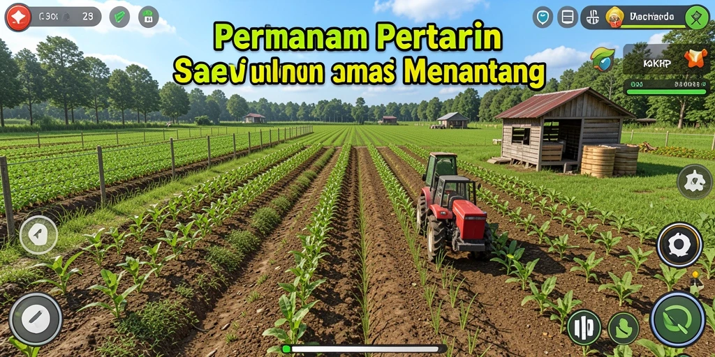 Tampilan gameplay KAKRP yang menampilkan pertanian dan interaksi dengan alam.