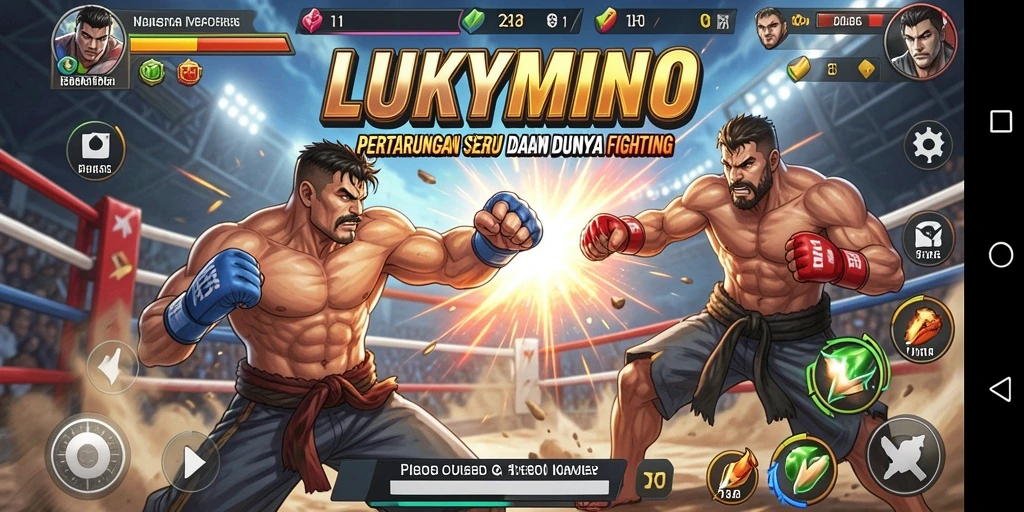 Tampilan LUKYMINO dengan pertarungan seru antar karakter.