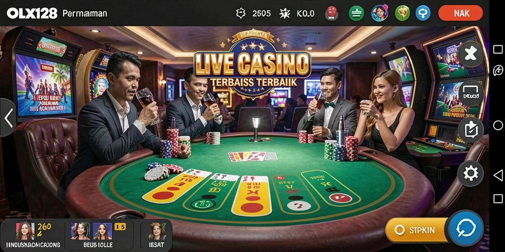 Screenshot gameplay OLX128 menampilkan aksi langsung dealer dan pemain.
