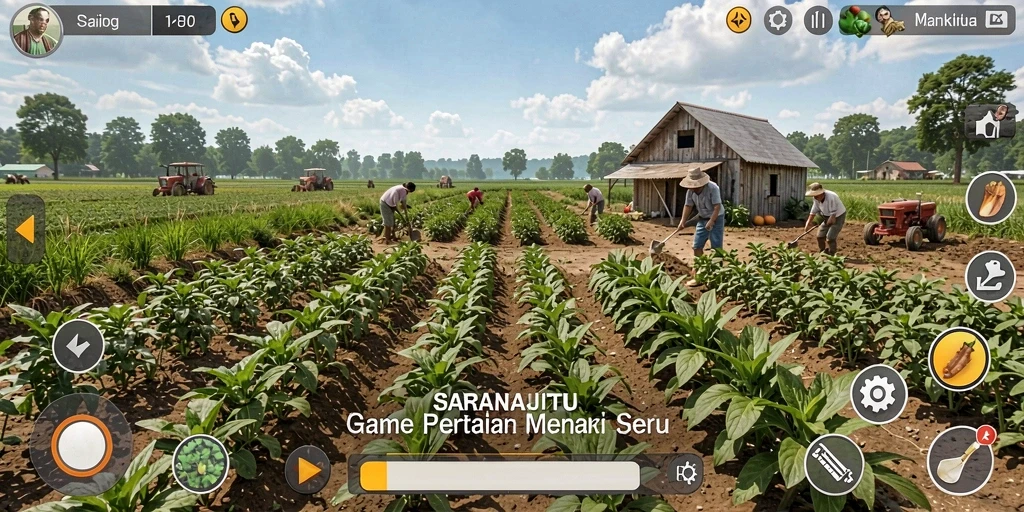Screenshot gameplay SARANAJITU menunjukkan aktivitas bertani yang seru dan interaksi sosial.