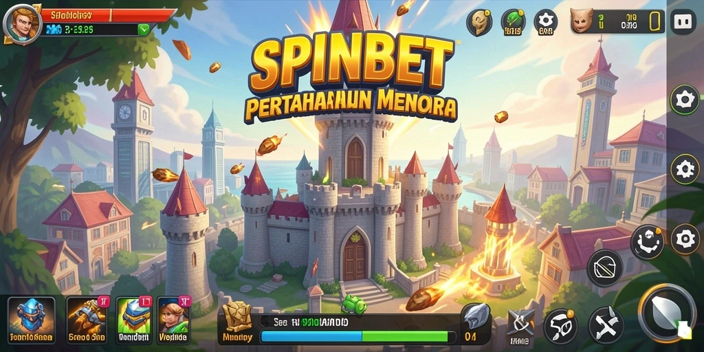 Screenshot gameplay SPINBET menunjukkan menara yang siap menghadapi gelombang musuh.