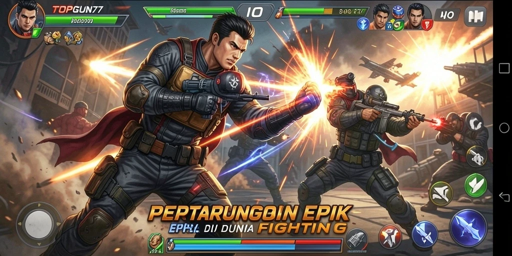 Tampilan aksi pertarungan seru di TOPGUN77 dengan berbagai karakter.