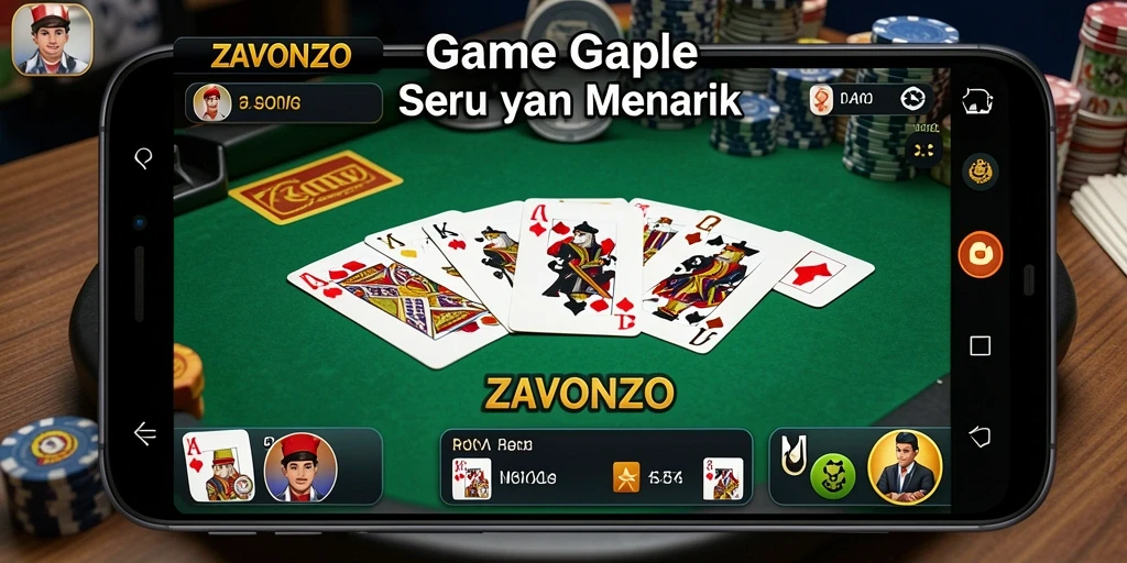 Tampilan gameplay seru dalam ZAVONZO yang menampilkan permainan Gaple.